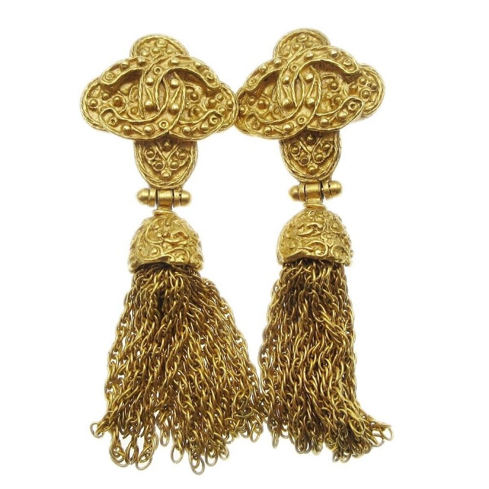 Chanel Fringe Dangle Earrings Clip-On Gold 94A 180535